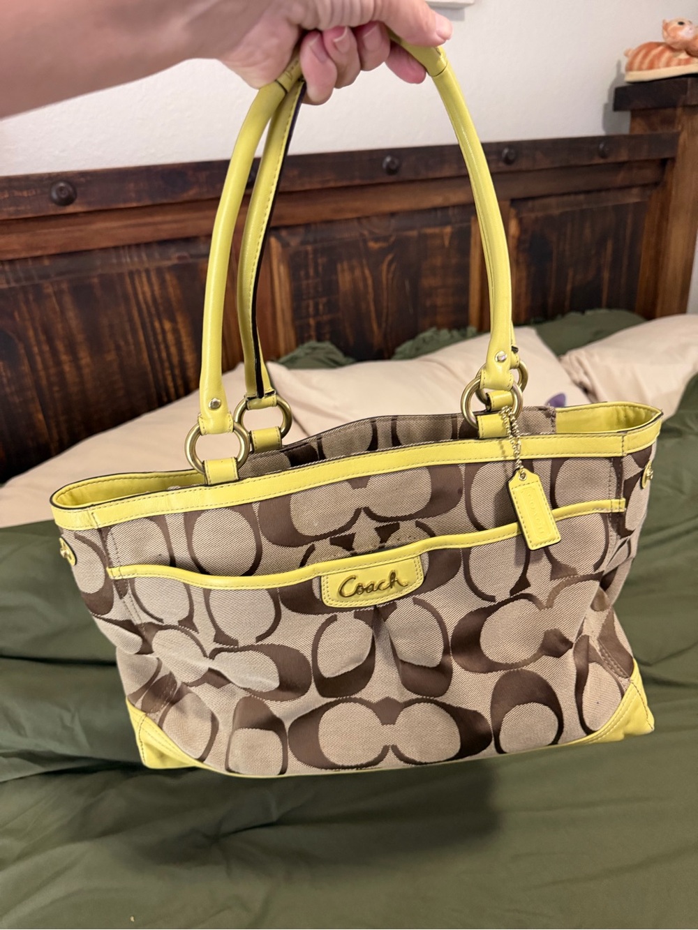 Coach Brown Signature Canvas Tote with Yellow Trim